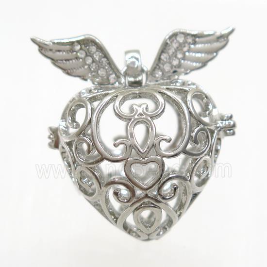 copper locket pendant, angel wing, platinum plated