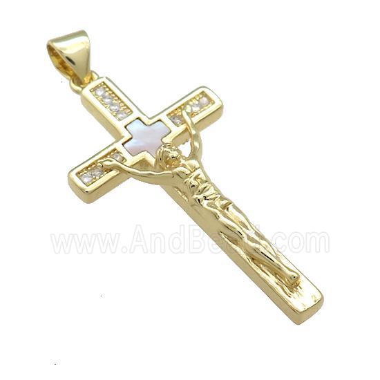 Copper Jesus Cross Pendant Pave Shell Zircon Religious 18K Gold Plated