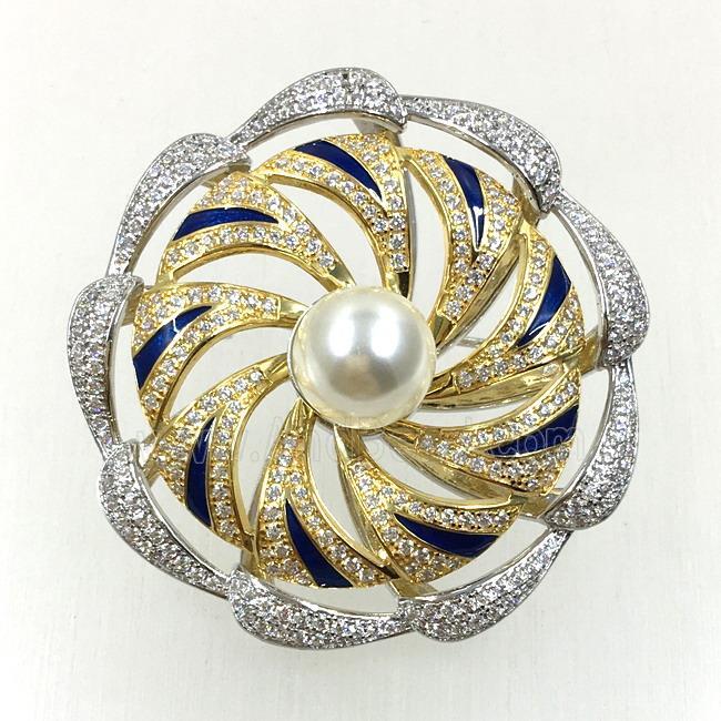 copper flower brooches pave zircon with pearl, revolvable, platinum plated