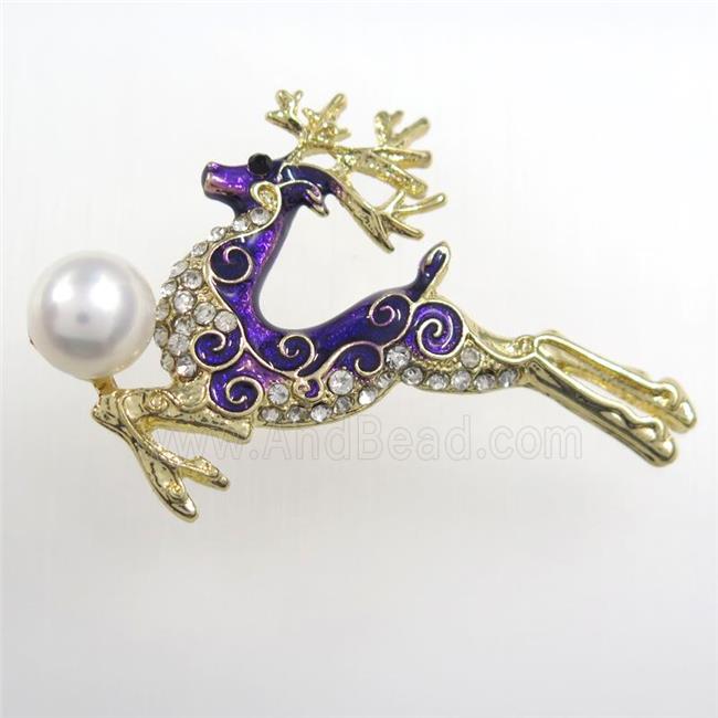 copper christmas Reindeer brooch paved zircon with pearl, gold plated