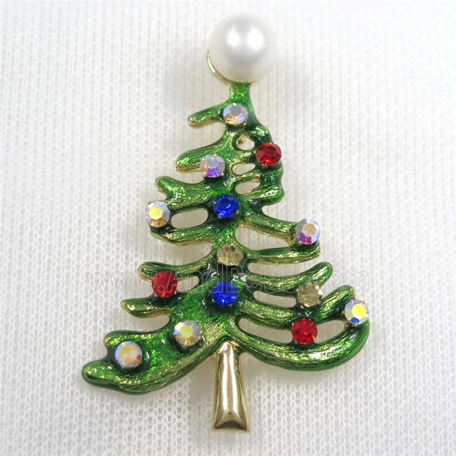 christmas tree copper brooch paved zircon, enamel, gold plated