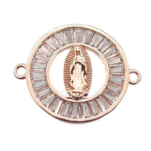 copper circle connector paved zircon, Virgin Mary, rose gold