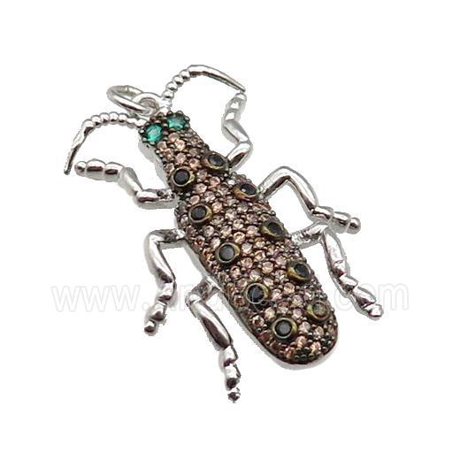 copper Ladybug pendant pave zircon, platinum plated