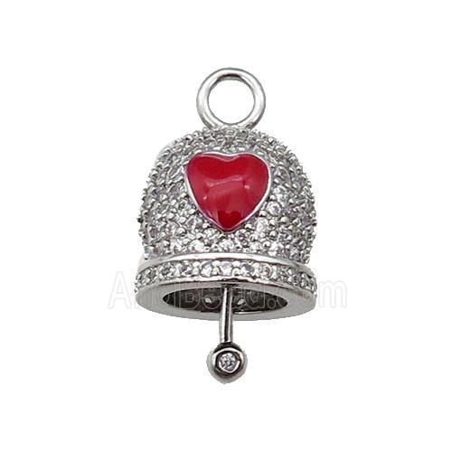 copper Bell pendant pave zircon, red enamel, platinum plated