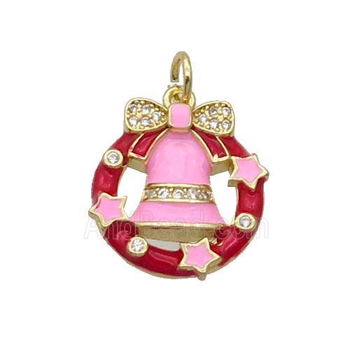Copper Christmas Bell Pendant Pave Zircon Pink Enamel Gold Plated