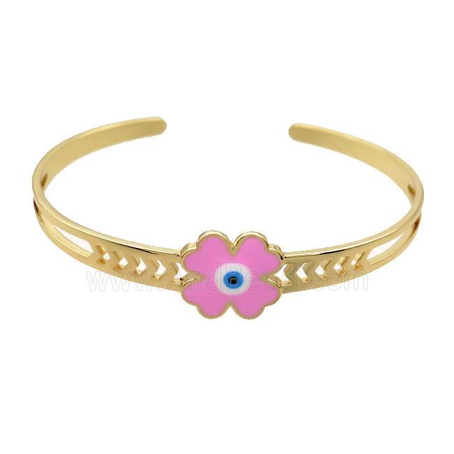 Copper Bangle Clover Pink Enamel Gold Plated