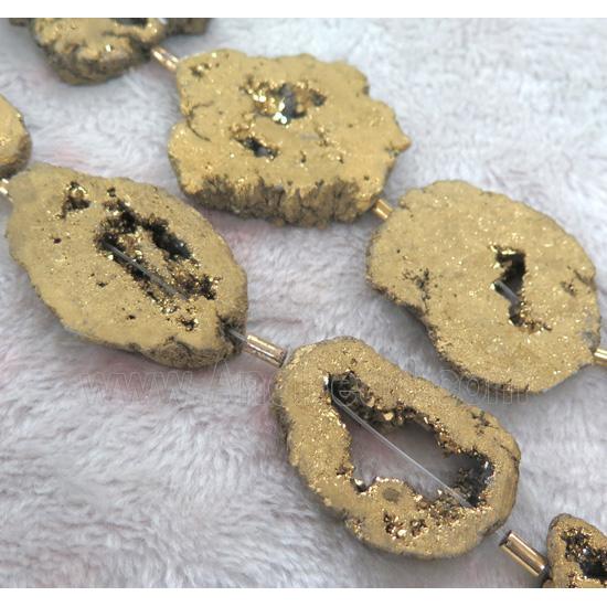 agate druzy slice beads, freeform, gold plated