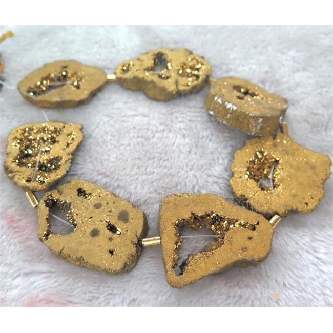 agate druzy slice beads, freeform, gold plated