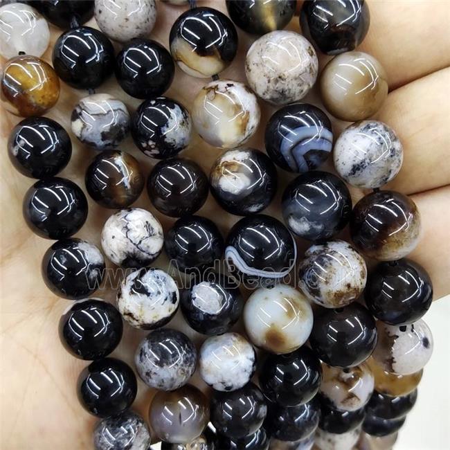 Black Cherry Blossom Agate Beads Sakura Smooth Round, approx 10mm dia  (GB10687-10MM)