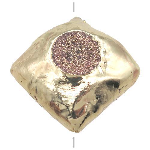 druzy agate beads, square, gold plated