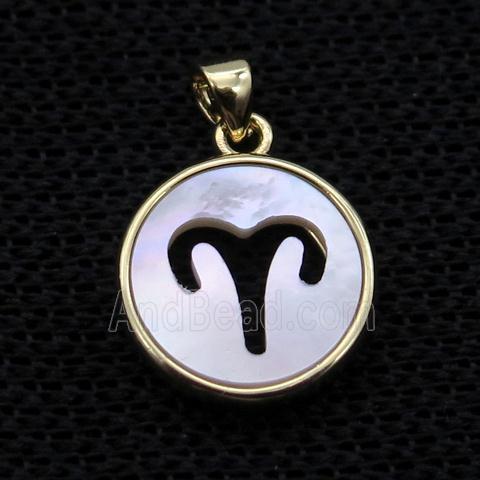 White MOP Shell Circle Pendant Zodiac Aries Gold Plated