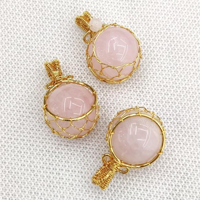 Natural Pink Rose Quartz Sphere Ball Pendant Wire Wrapped