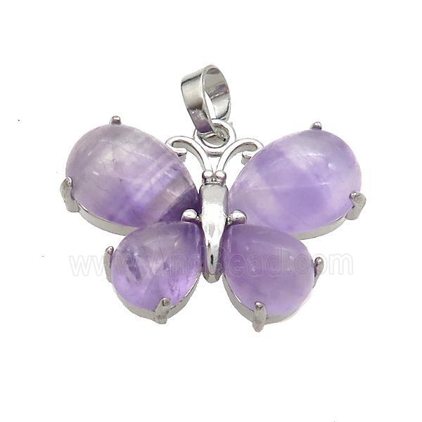 Natural Purple Amethyst Butterfly Pendant Platinum Plated