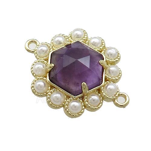 Copper Hexagon Connector Pave Purple Amethyst Pearlized Resin Gold Plated