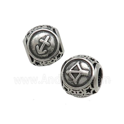 Stainless Steel Round Beads Zodiac Sagitarius Antique Silver